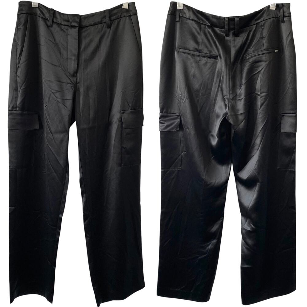 NEW GUESS Megan Cargo Satin Pants Size Medium Jet Black Business Chic Flowy